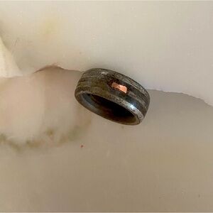 Wooden ring with polished copper, inlay, and specs